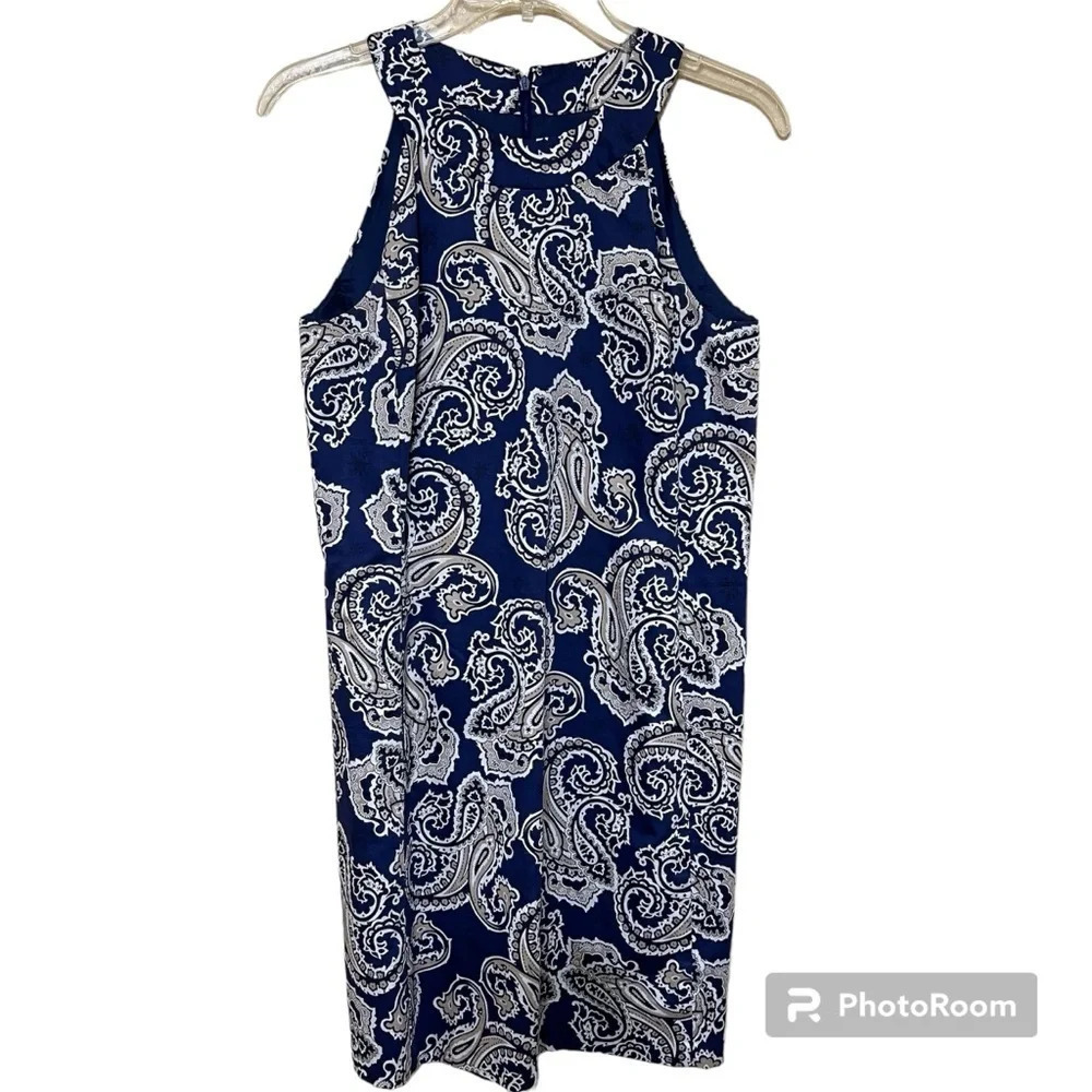 Ann Taylor Loft Blue Paisley Sleeveless Sheath Dress‎ Size 4 Womens Back Zip Up